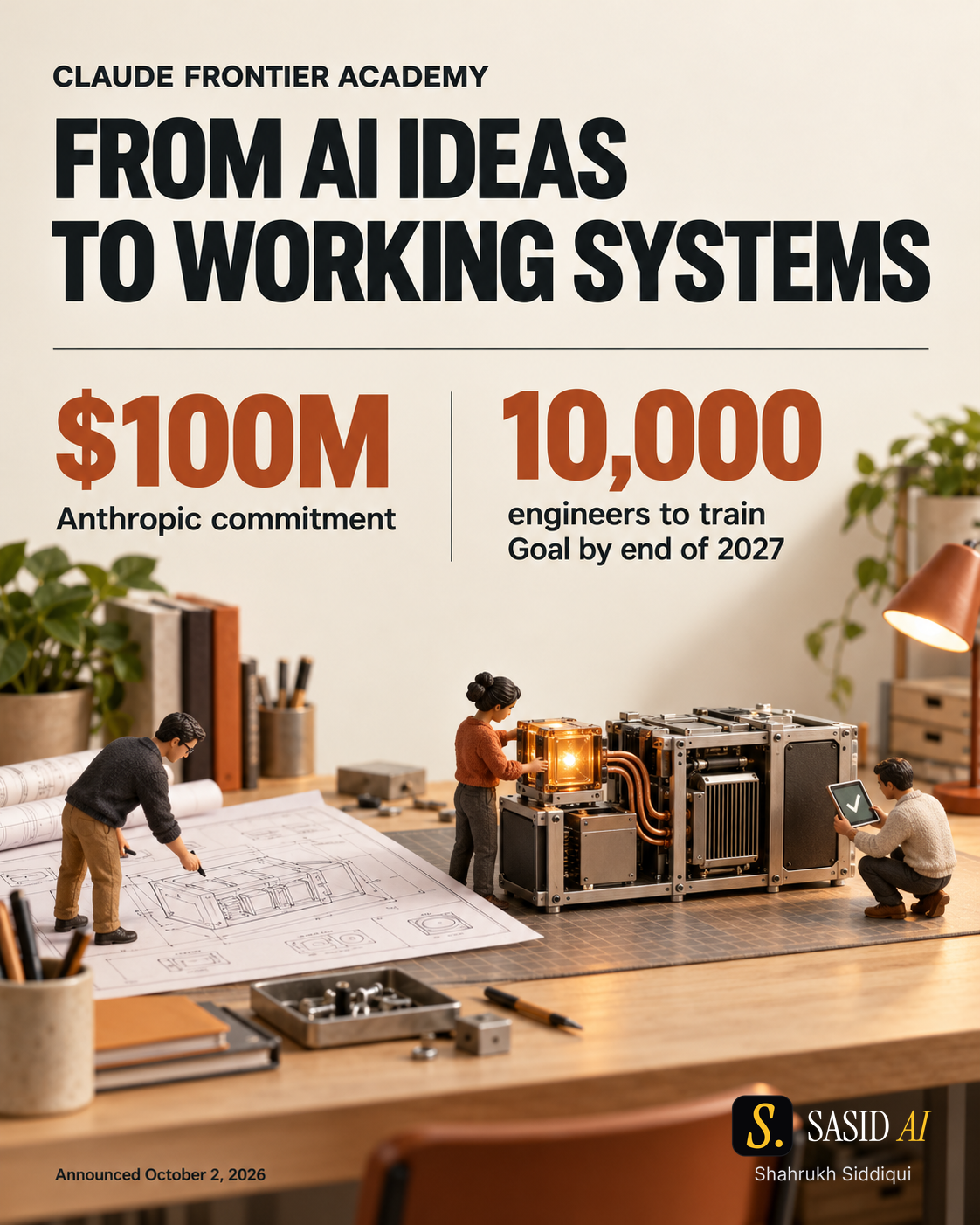 Conceptual engineering workshop with miniature builders planning and checking an AI system; it is an editorial illustration, not a photograph of Claude Frontier Academy.