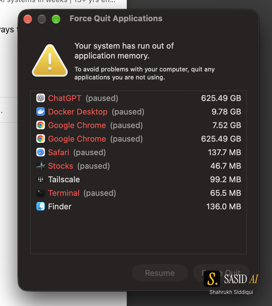 Real owner screenshots: a macOS application-memory warning and About This Mac showing a 2025 Mac Studio with Apple M3 Ultra and 96 GB memory; dialog values are observations, not a diagnosis.